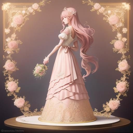 Anime Girl in Pink Gown Holding Birthday Cake