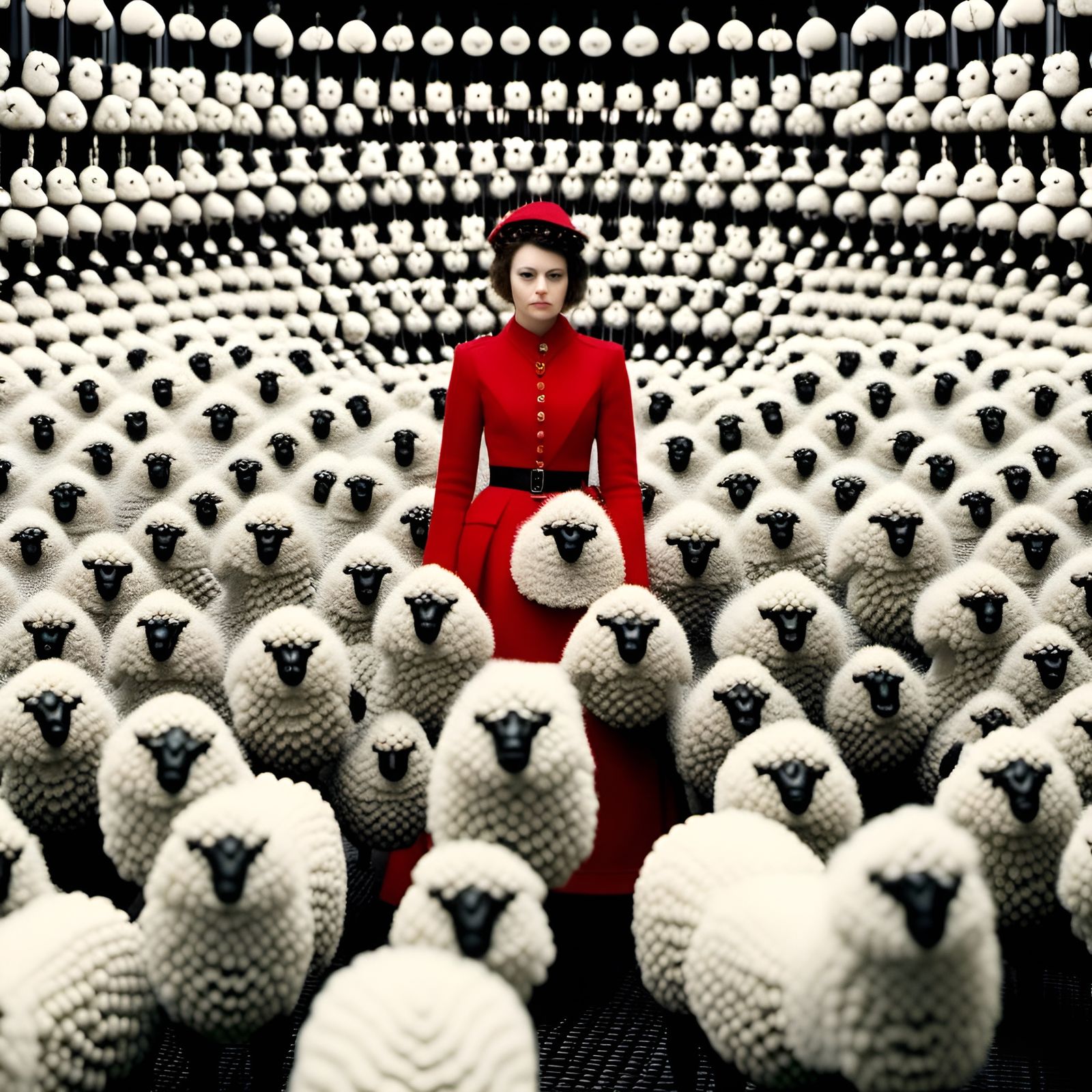 Officer Oversees Sheep Soldiers in Propaganda Poster Style