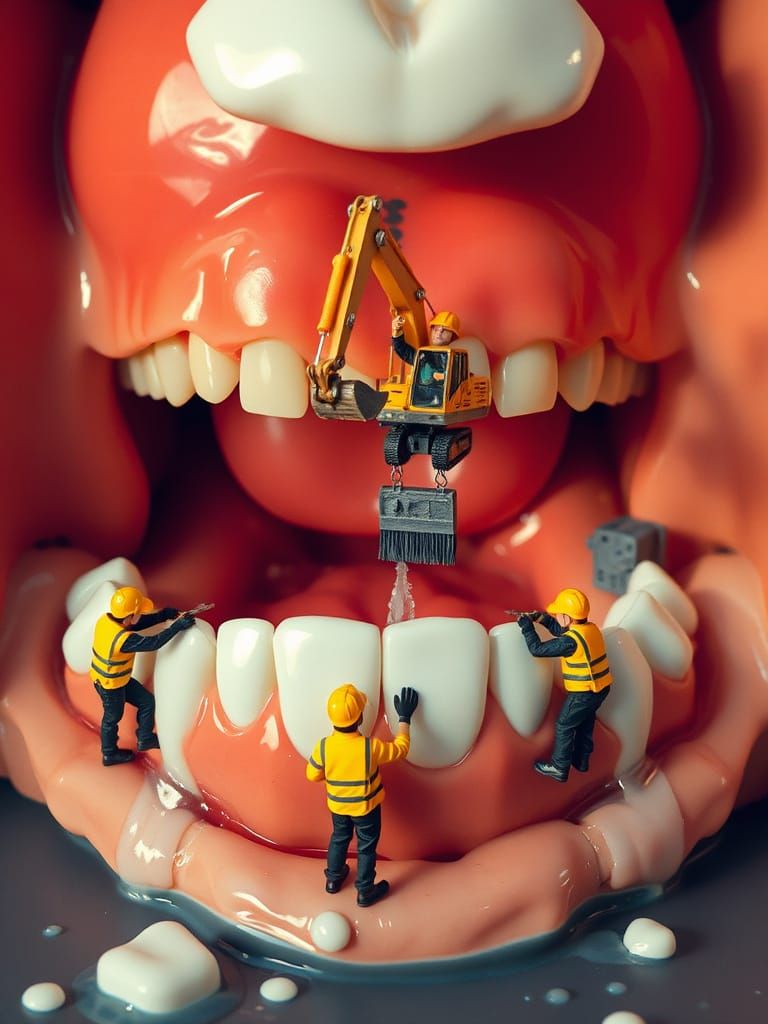 Construction Workers in a Giant's Mouth, Intricately Detaile...