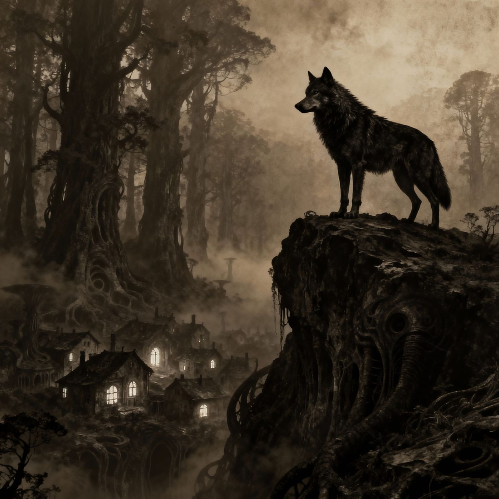Dark Fantasy Lone Wolf Overlooking Hidden Village