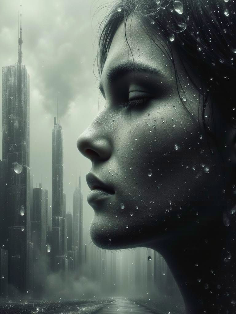 Sad Face Overlaid on Dystopian Scene