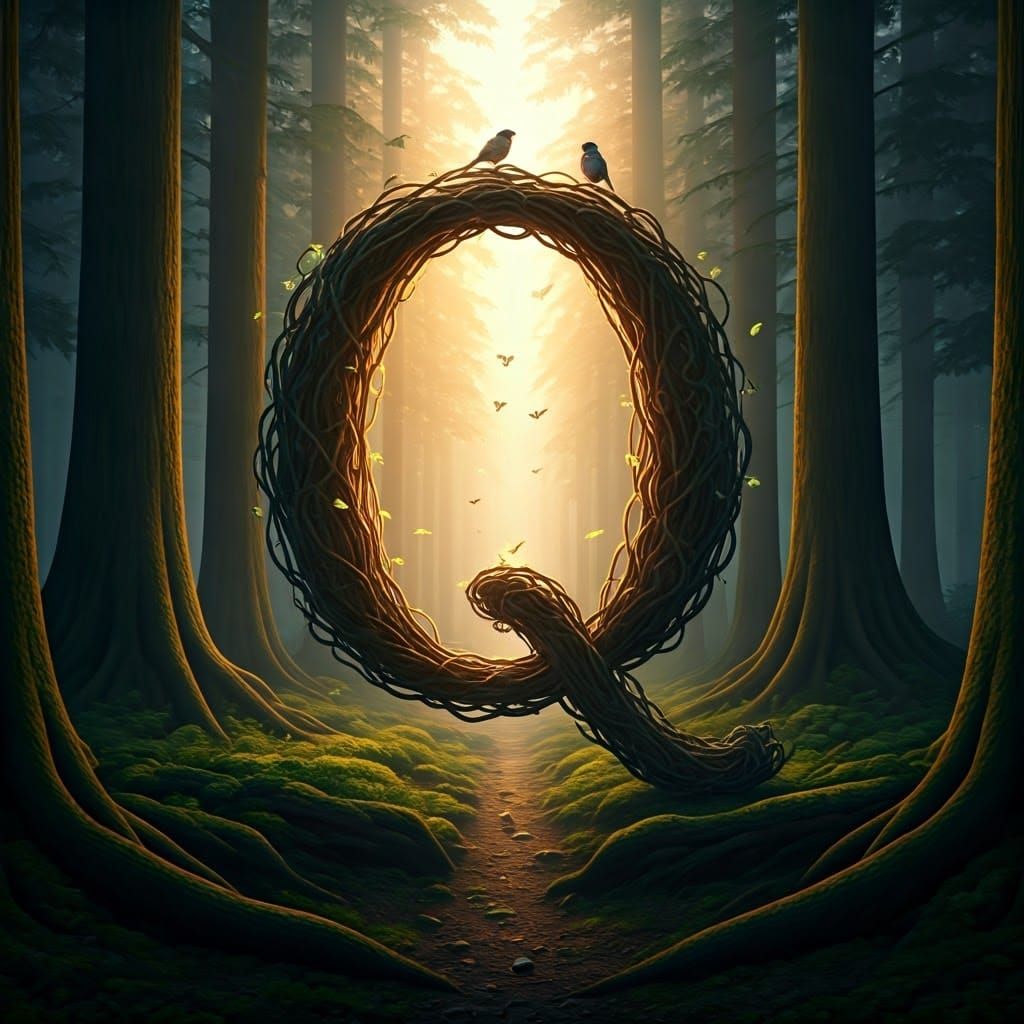Glowing Letter Q Made of Forest Branches