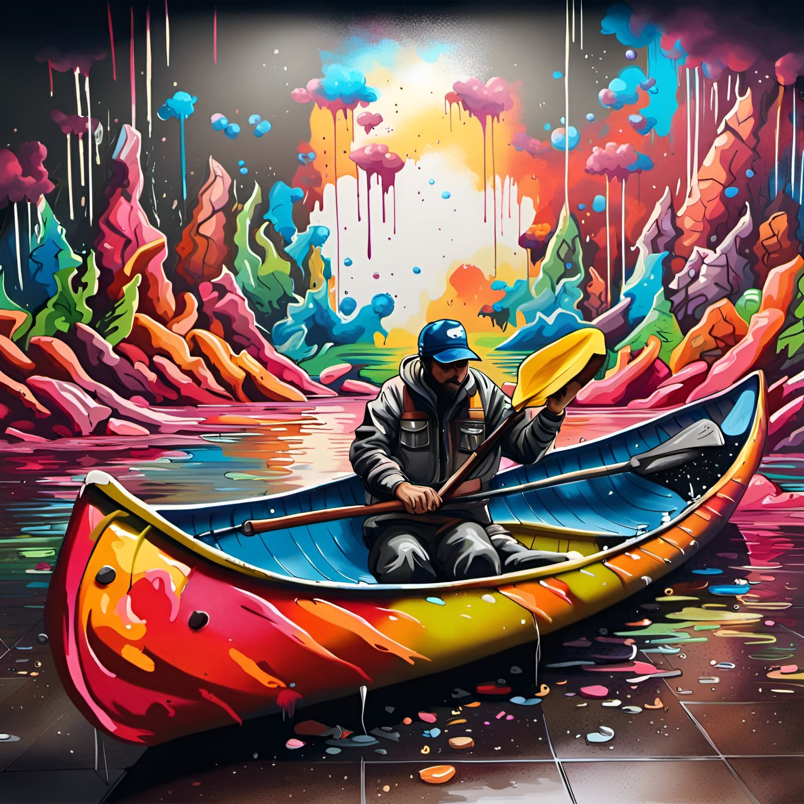 Colorful Canoe Adventure in Graffiti Art Style