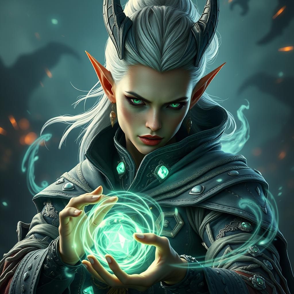 A female skywing elf warlock doing her magic in battle