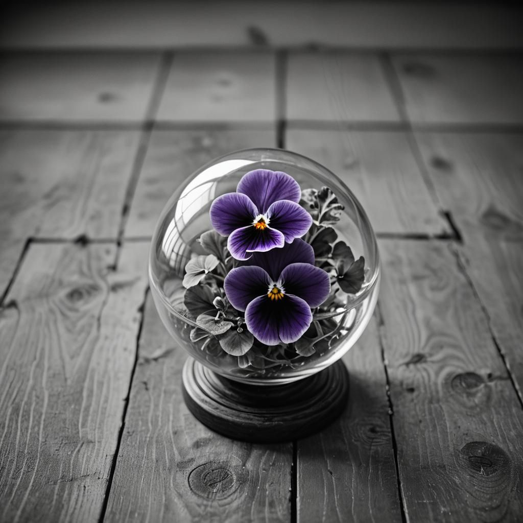 Pansies in Glass Orb: Black and White Coloring Book