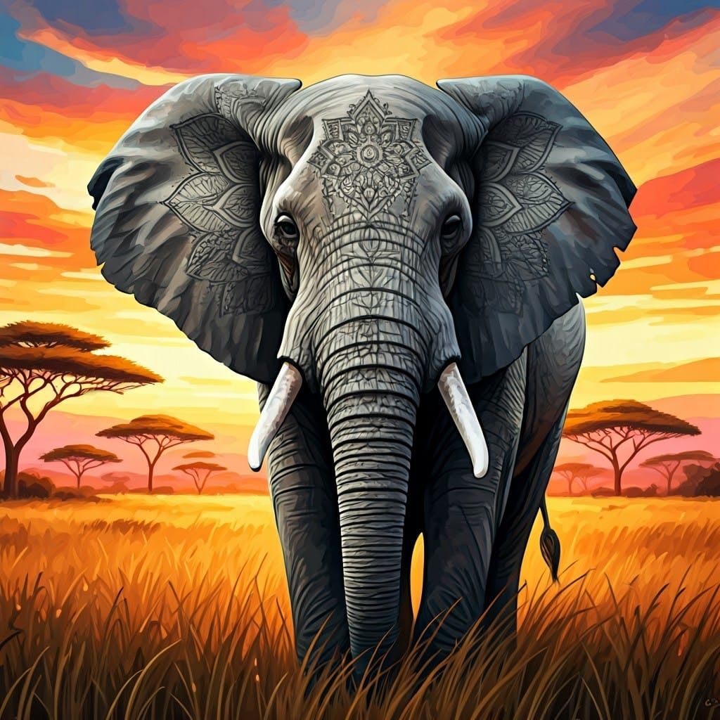 Elephant with Mandala Tattoos in Expressive Oil Painting