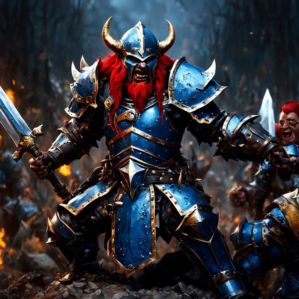 Dwarven Battle Rager Fighting Goblins in Gothic Style