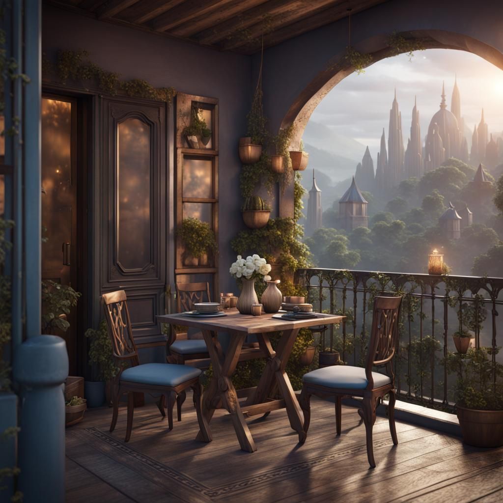 Small Balcony with Dining Set in Detailed Matte Painting