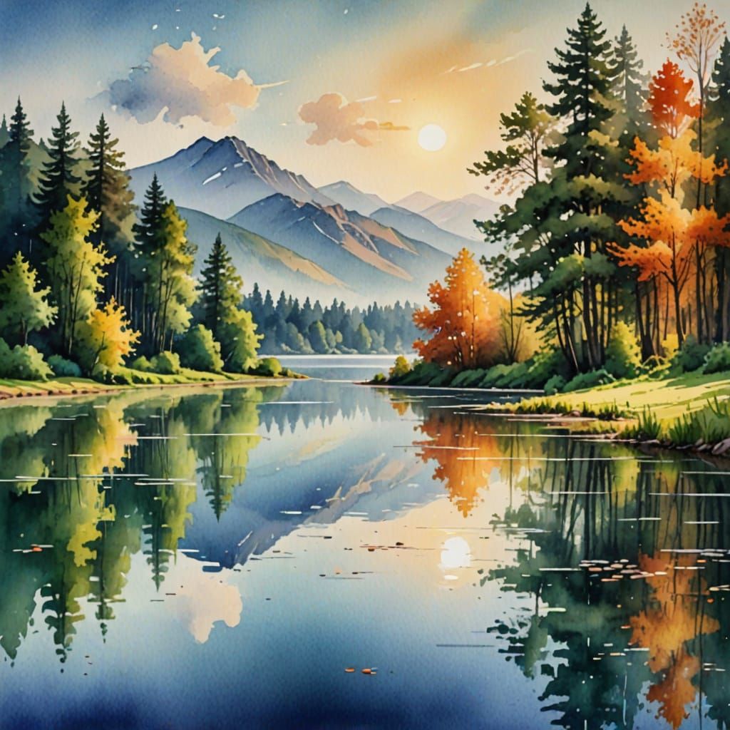 Watercolor Lake Landscape with Warm Sunlight