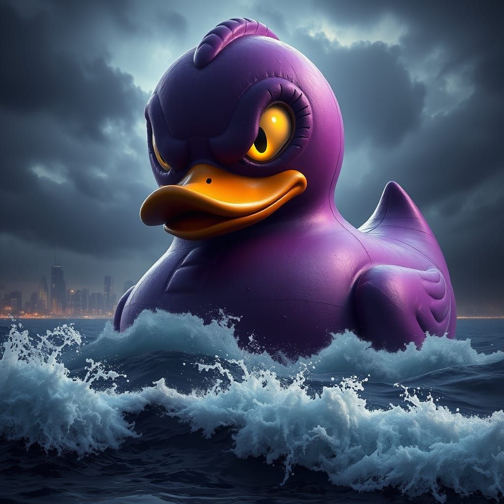 Dark Fantasy Rubber Ducky Approaches City in Stormy Ocean