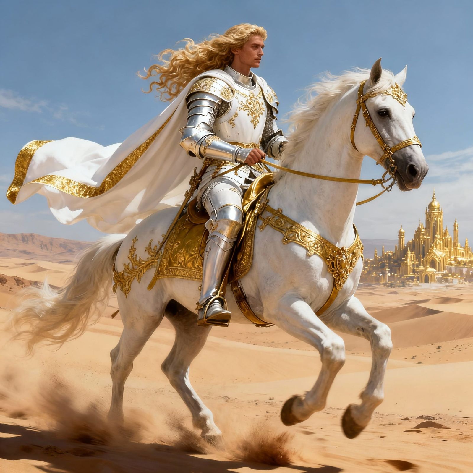 White Knight on Horse in Desert Landscape