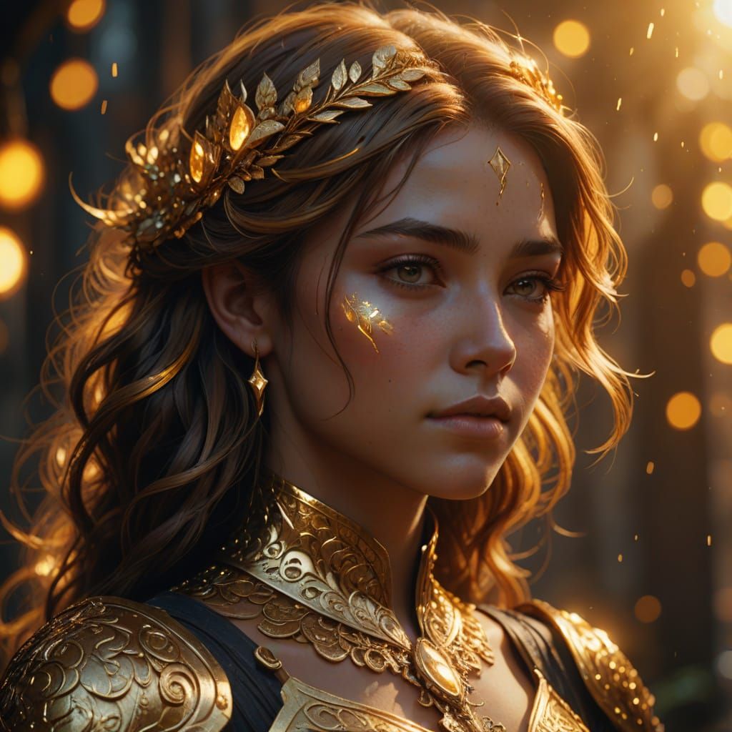 Golden Glowing Figure in Fantasy Matte Painting Style