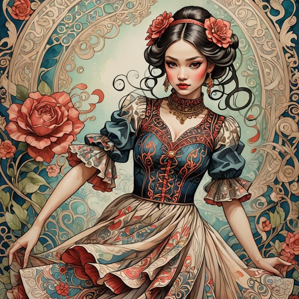 Flamenco Dancer in Art Nouveau Zentangle Style