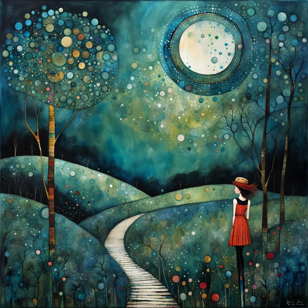 Girl on Hill in Art Brut Style Illustration