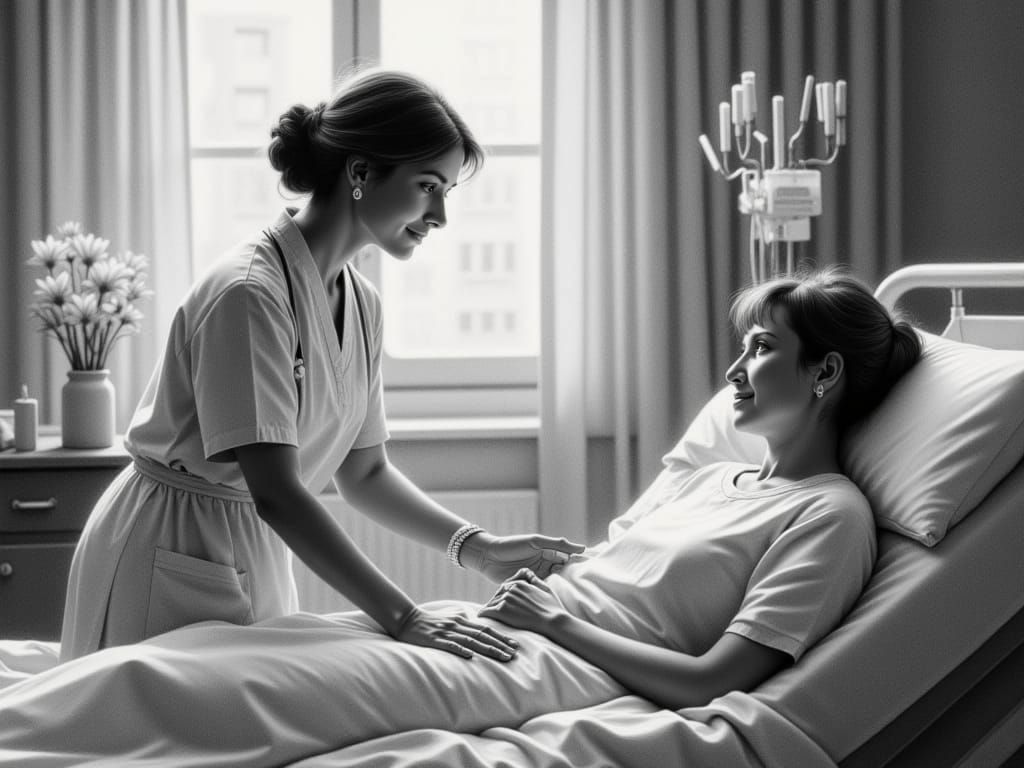 Expressive Charcoal Drawing of Nurse Attending Patient