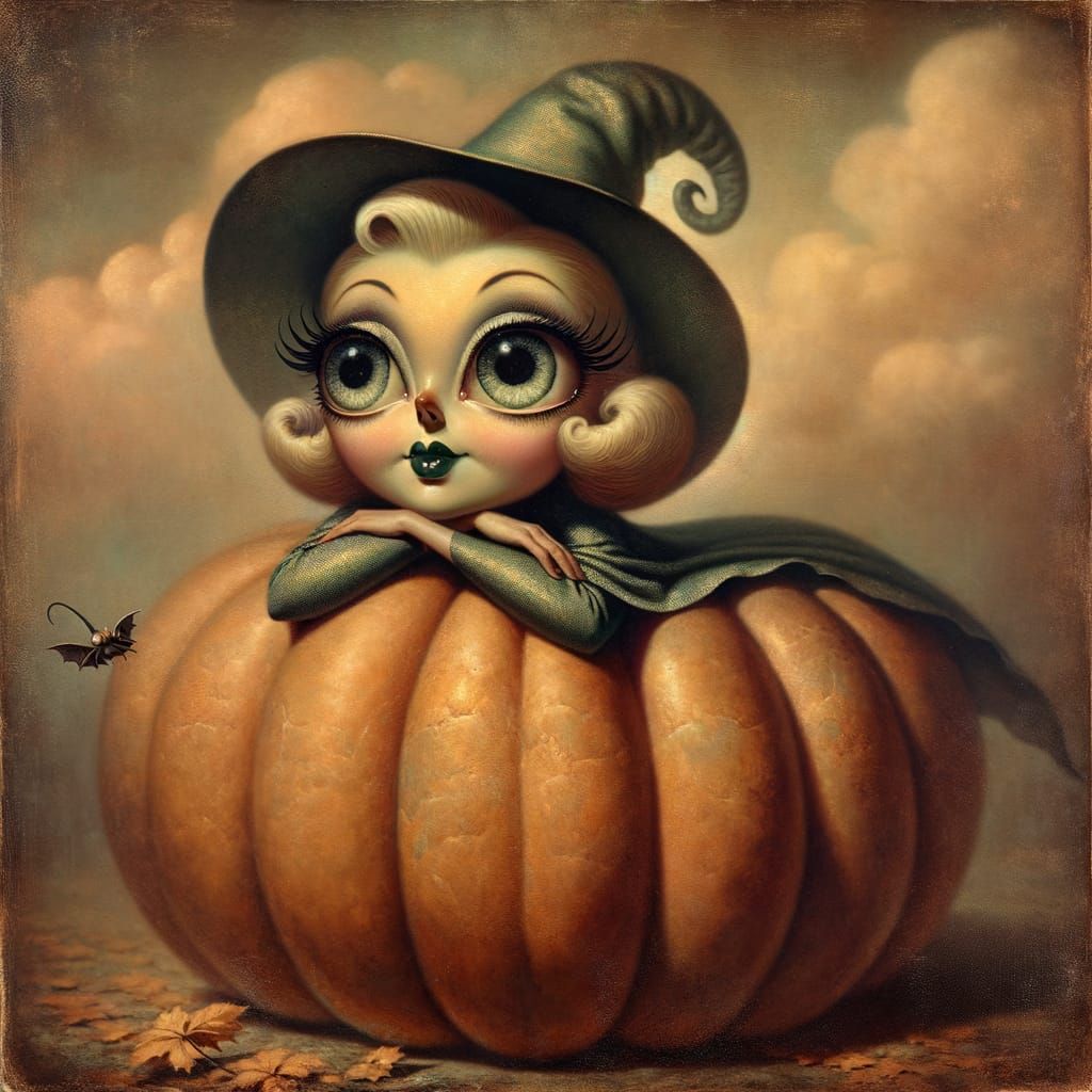 Whimsical Pin-Up Witch on Giant Pumpkin Painting