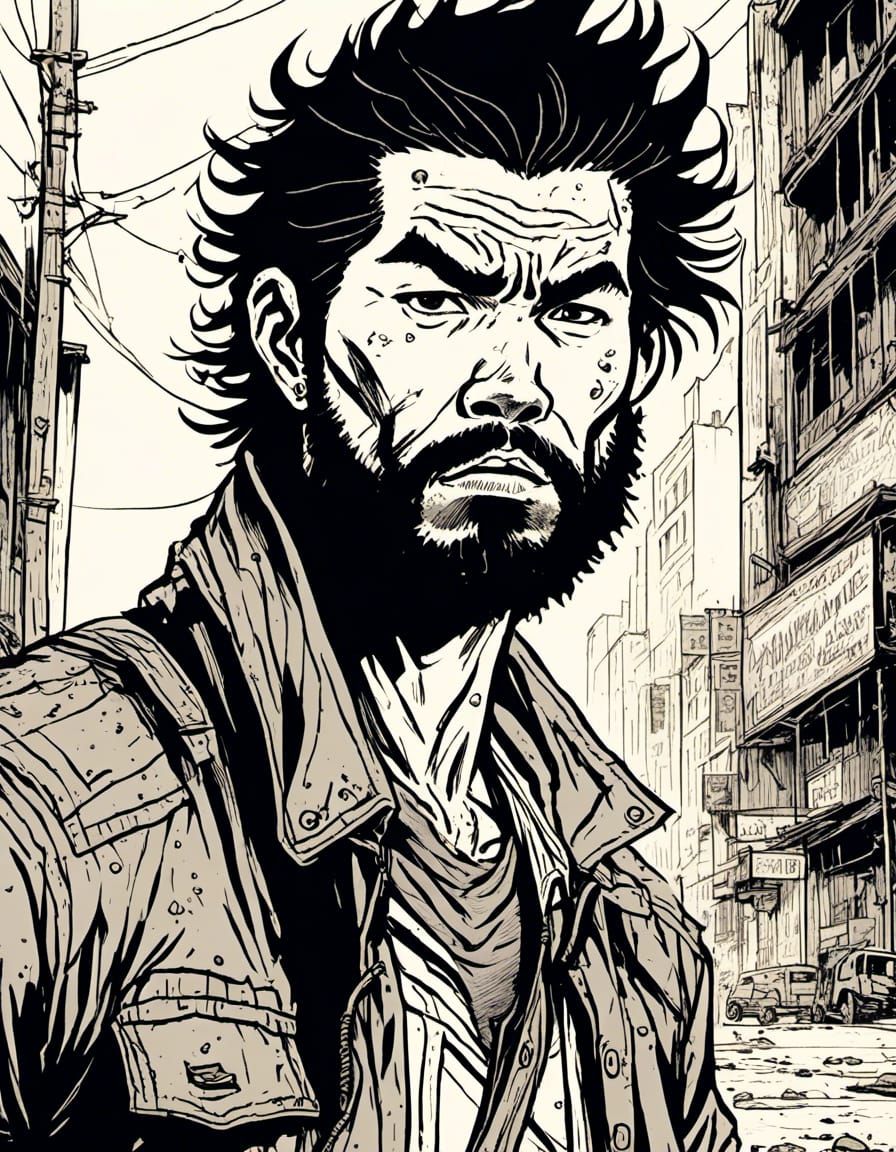 Gritty Survivor Portrait in Black and White Comic Style