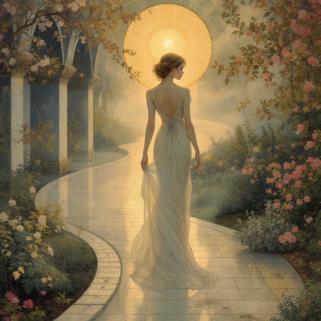 Ethereal Goddess on Quiet Streets in Tempera Style