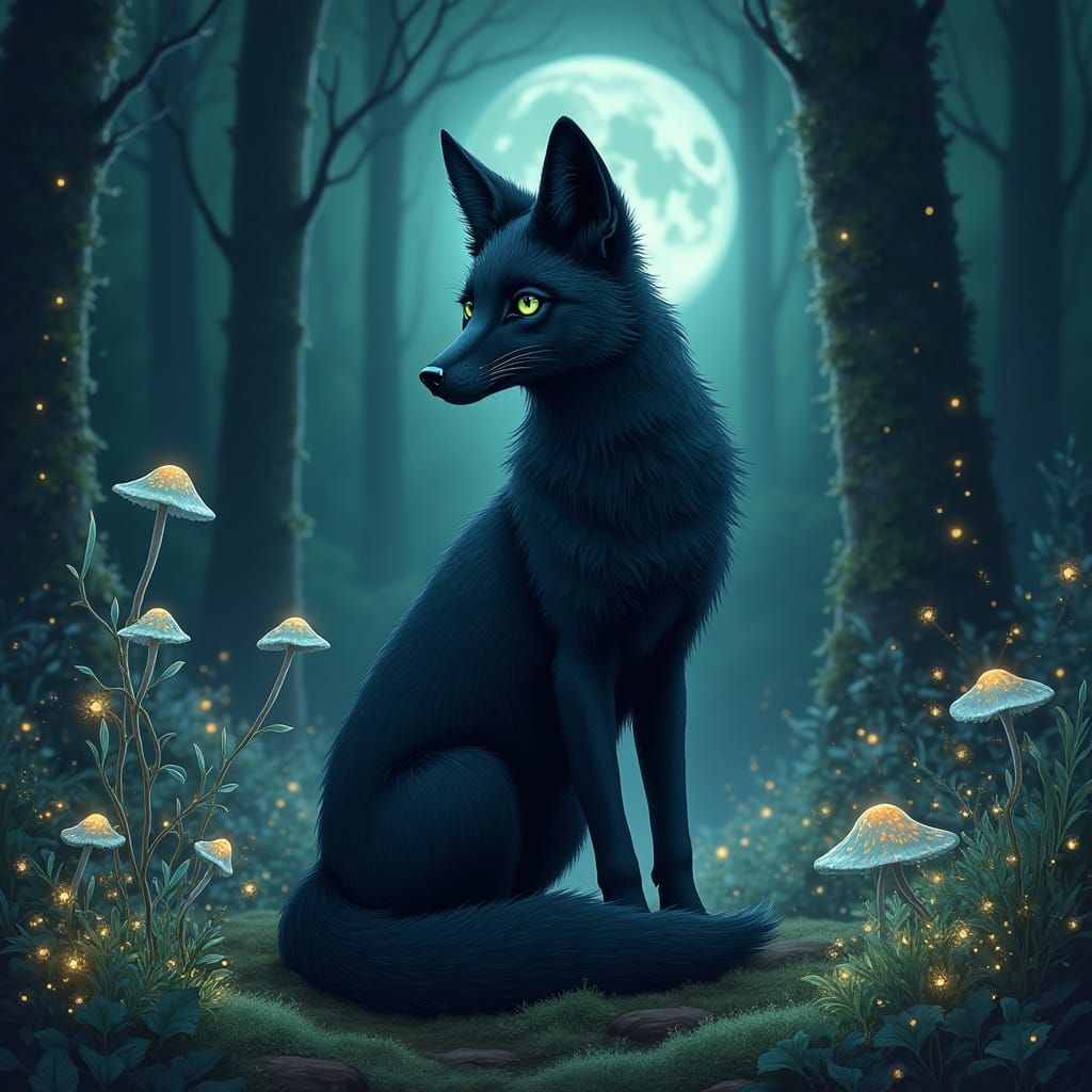 Majestic Melanistic Fox in Lush, Mystical Forest