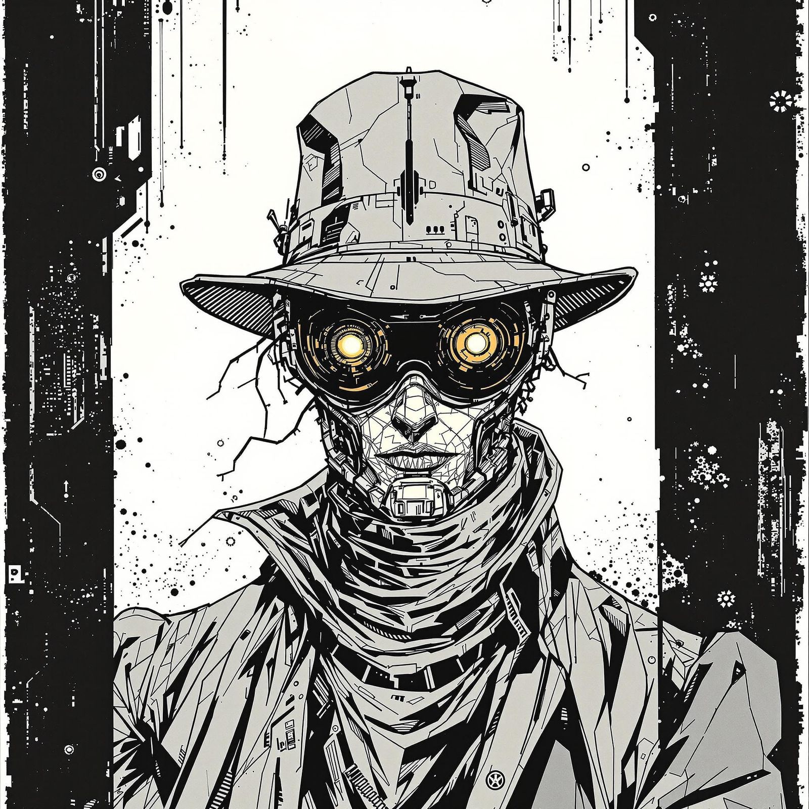 Stealthy Cyborg Agent in Luxurious Memphis Style Illustratio...