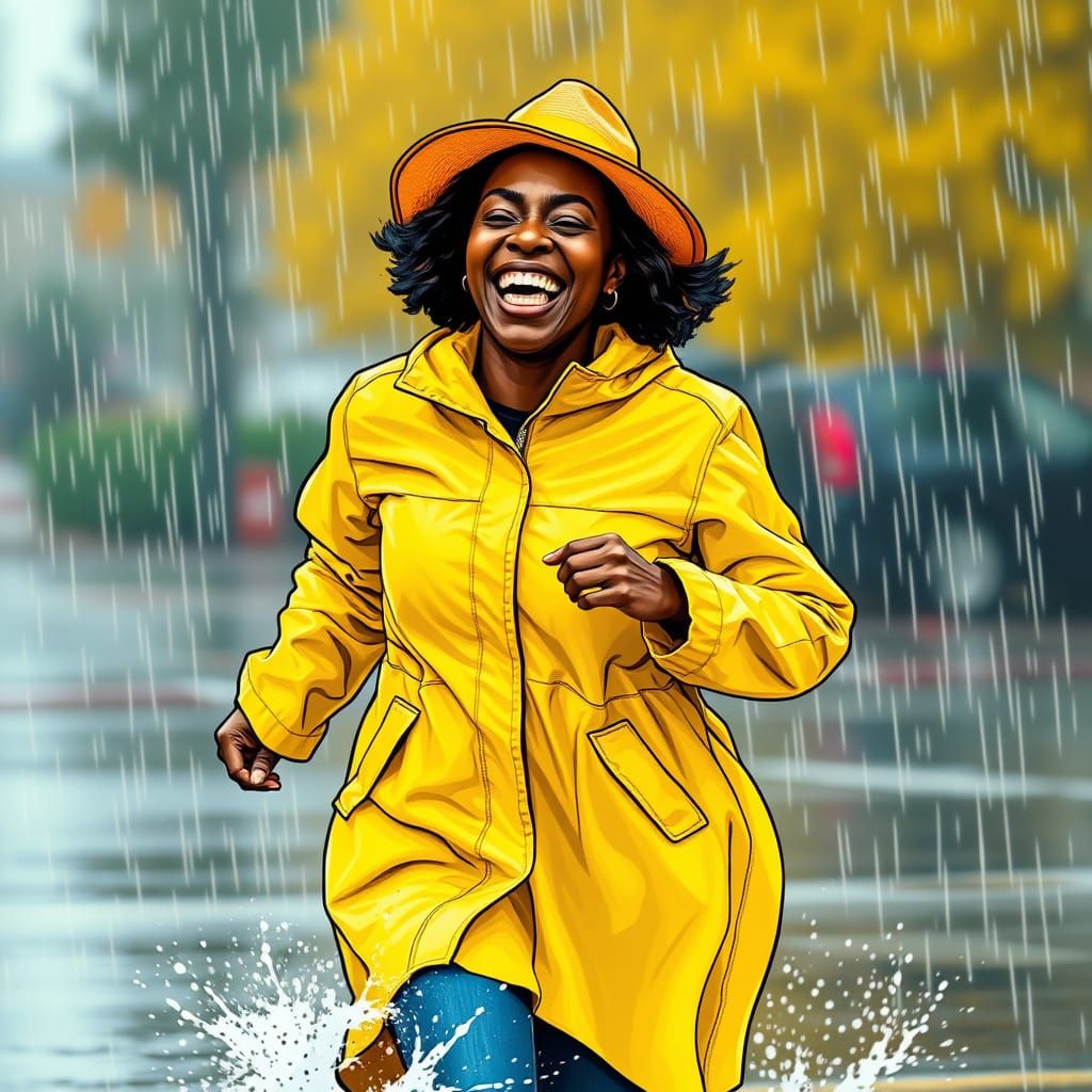 Joyful Woman in Yellow Raincoat Splashing in Rain