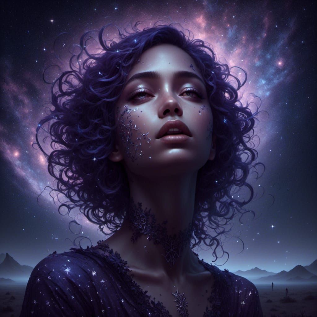 Woman Embraces Starry Night with Glowing Runes