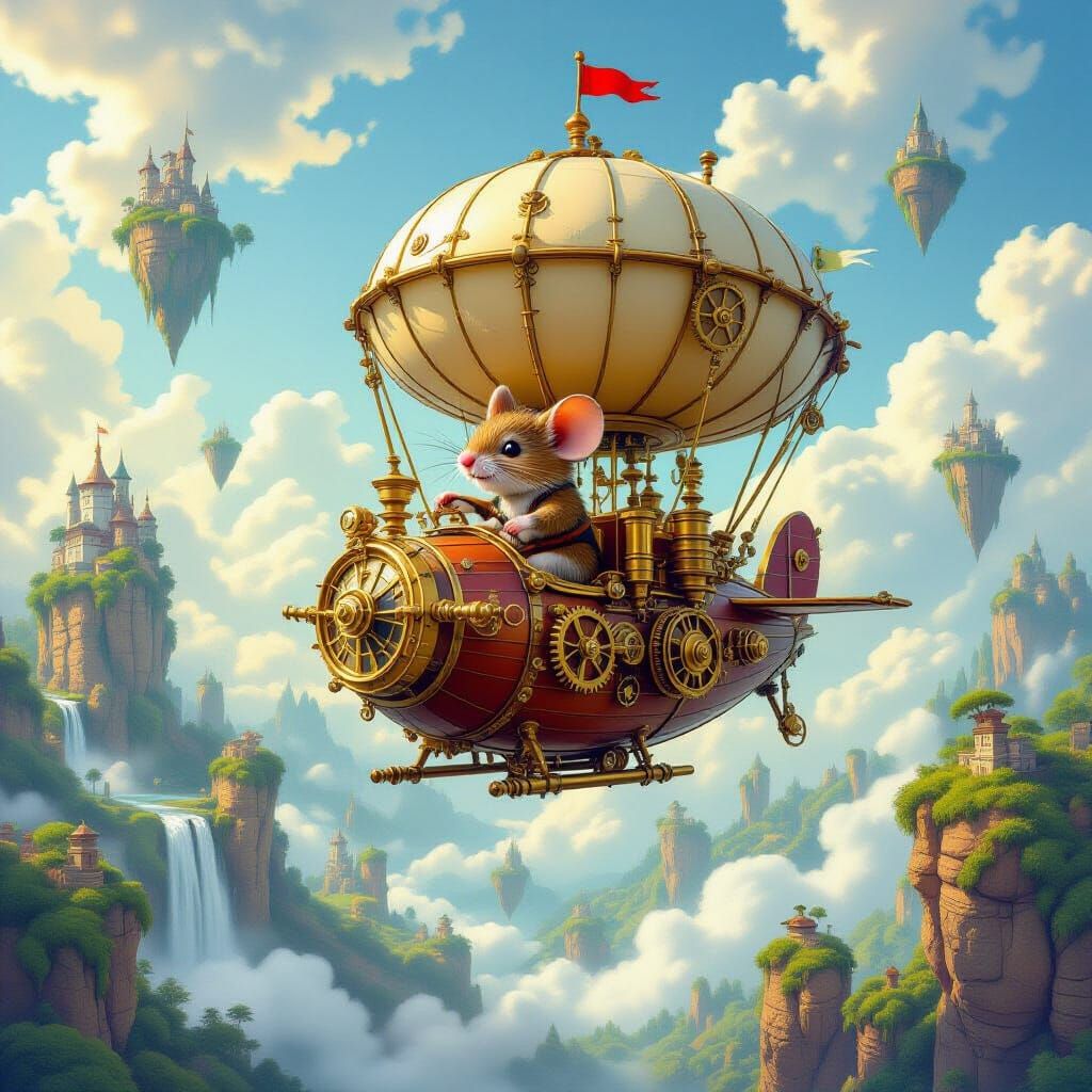 Mouse Pilots Steam Airship Over Floating Islands