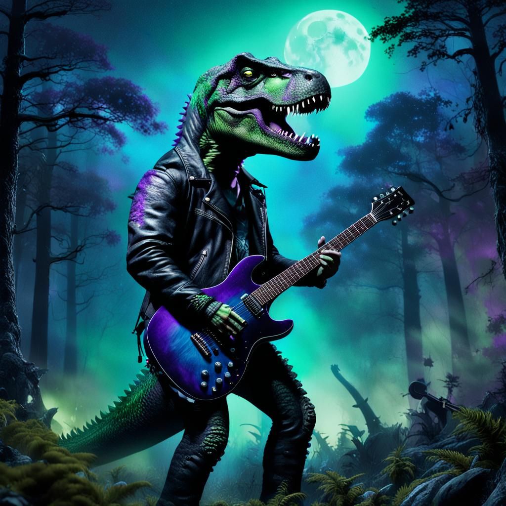 Emo T-Rex Guitarist in Misty Forest, Fantasy Art