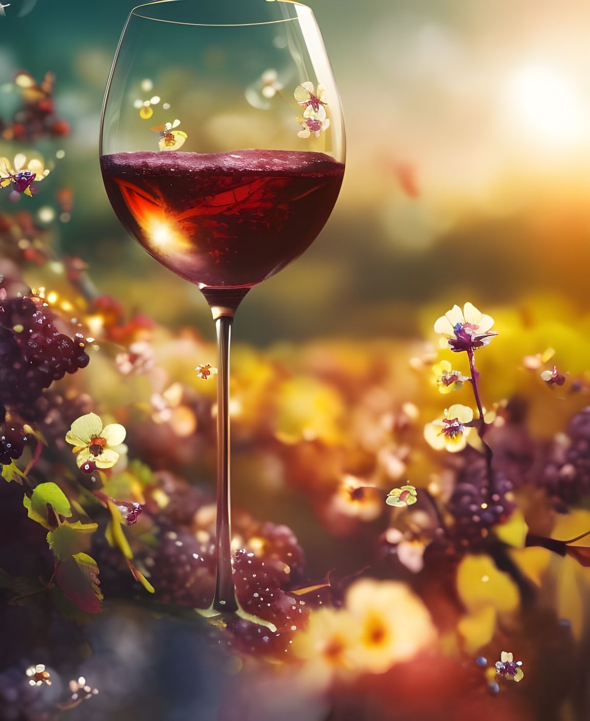 Goblet of Red Wine in Vineyard, Macro Photograph