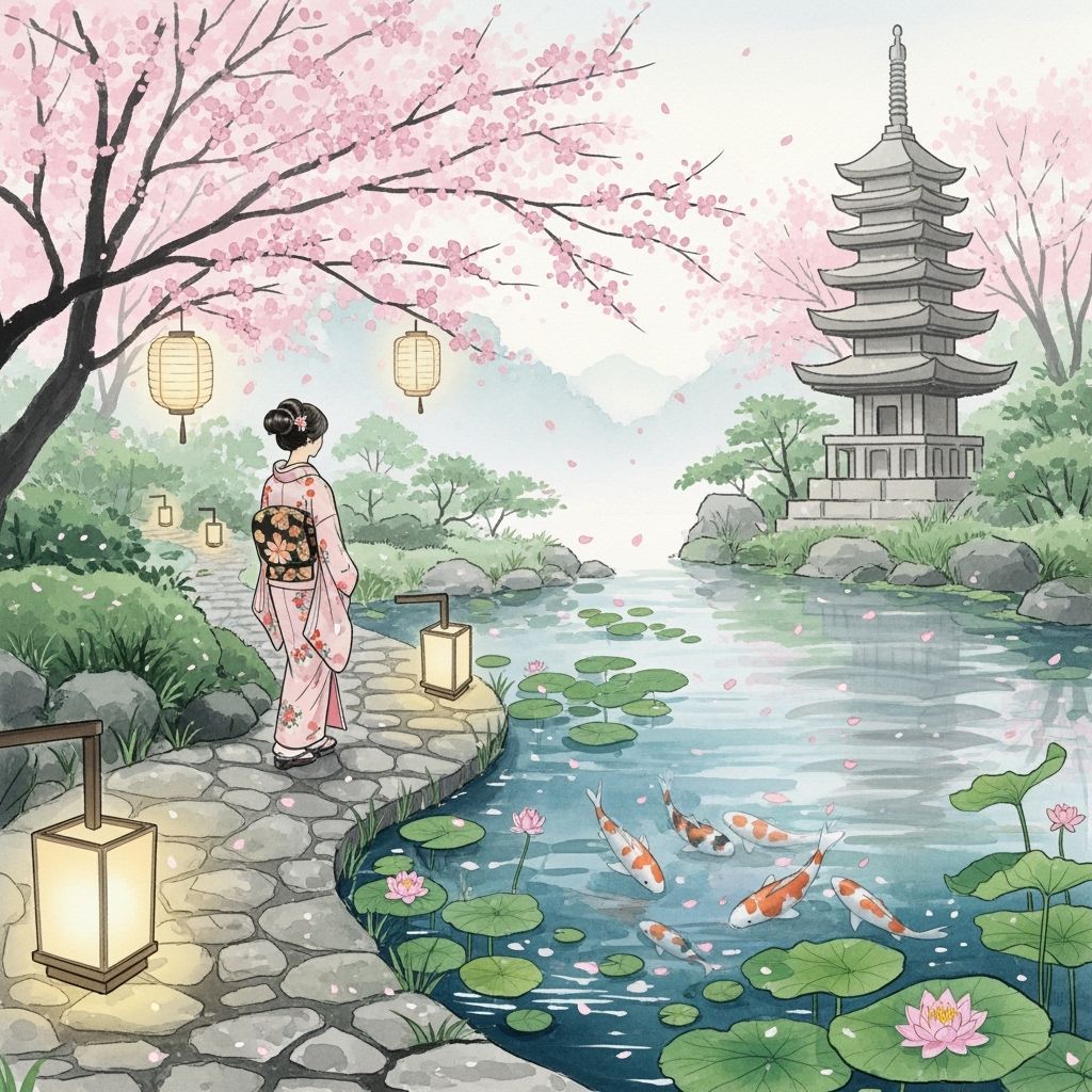 Japanese Garden Serenity in Ink Wash Style