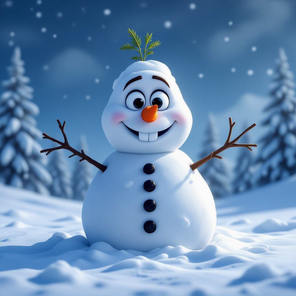 Classical Snowman with Carrot Nose in Snowy Landscape