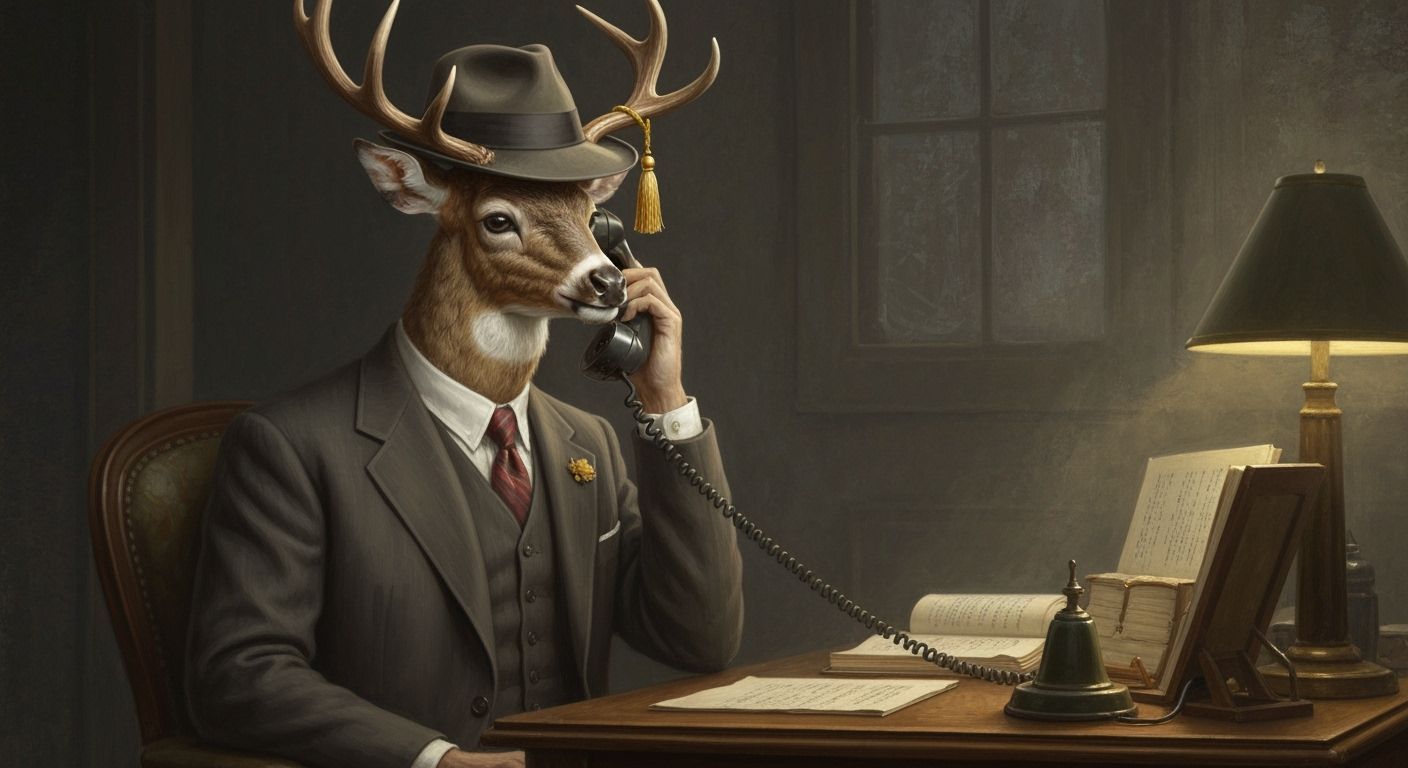 Deer in 1930s Suit on the Phone, Vintage Painting