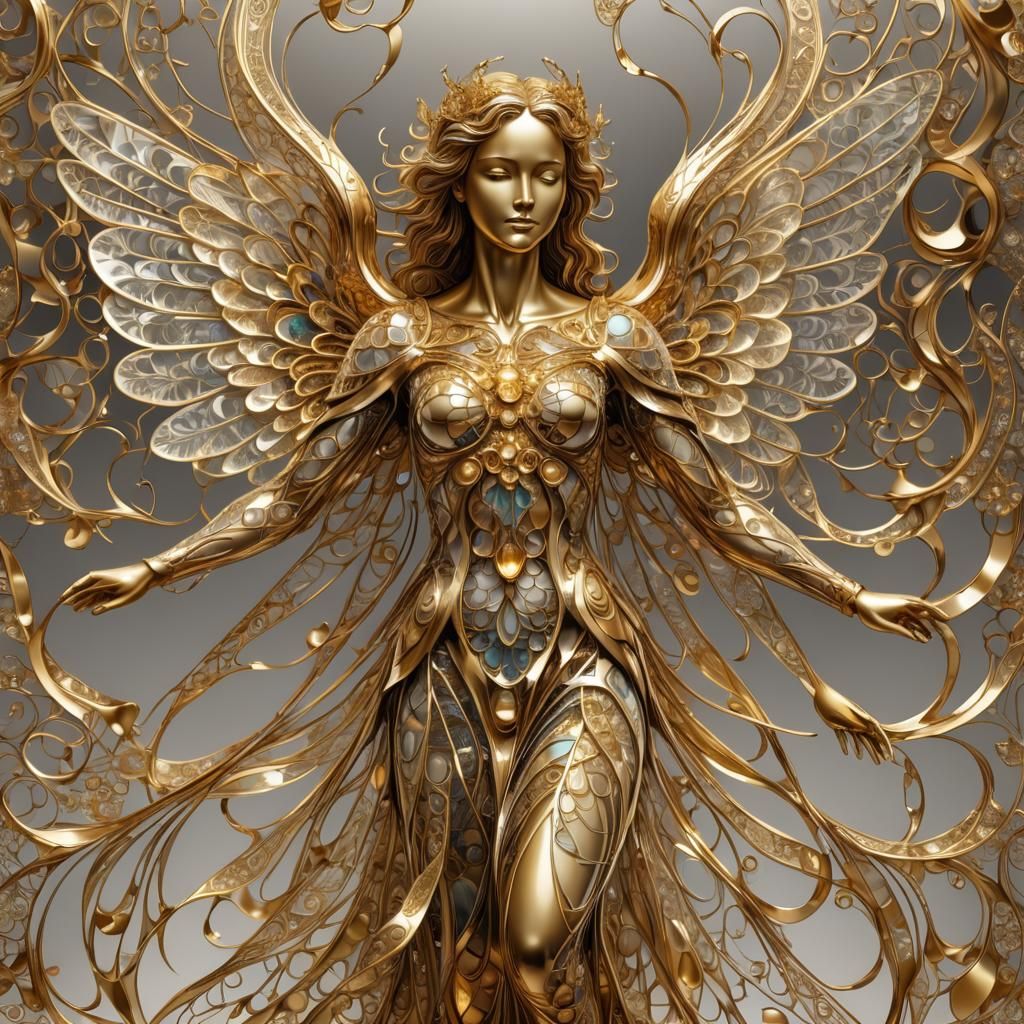 Glass and Gold Angel with Abstract Fractal Design