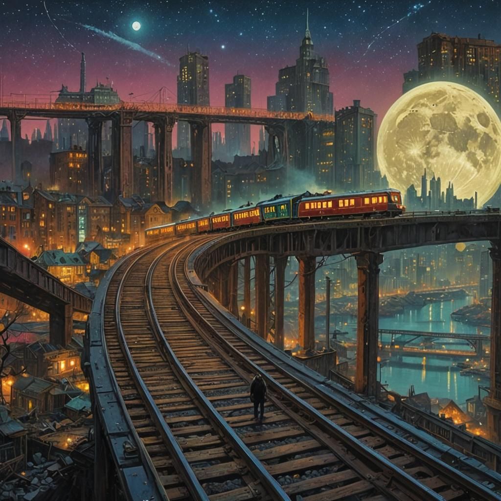 Steampunk Train Races Through Cyberpunk Cityscape