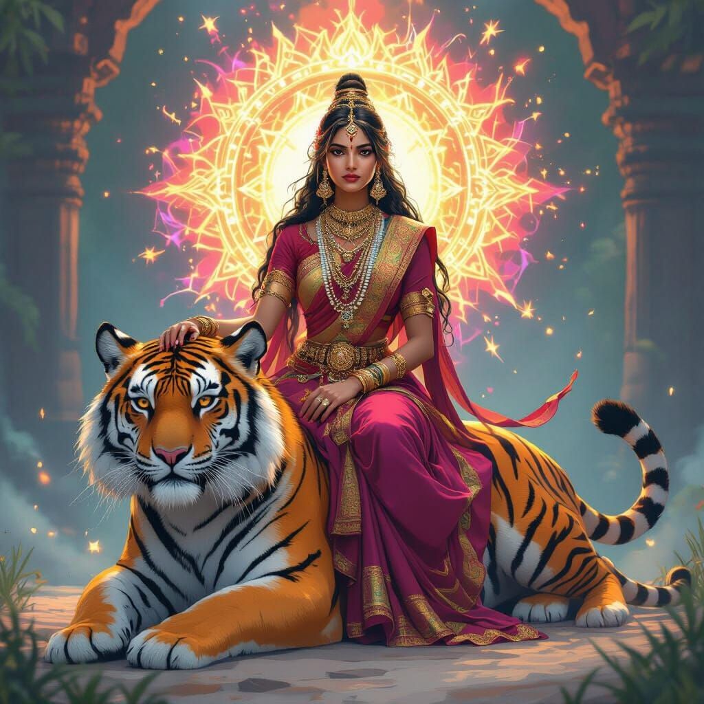 Indian Goddess on Tiger with Ethereal Aura