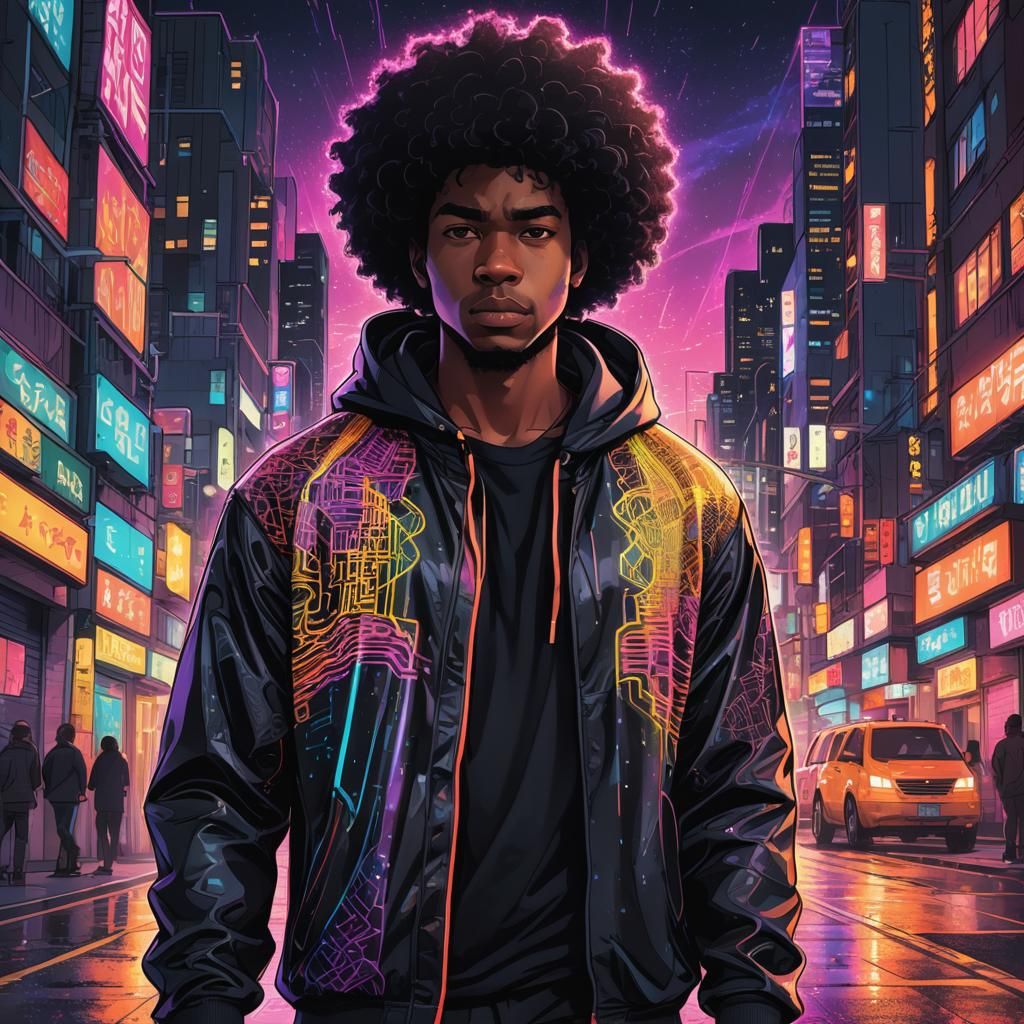 Afrofuturist Man in Neon Cityscape: Anime Style