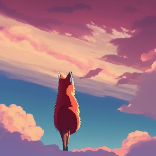 Anime Fox Woman Flying in Pink Clouds