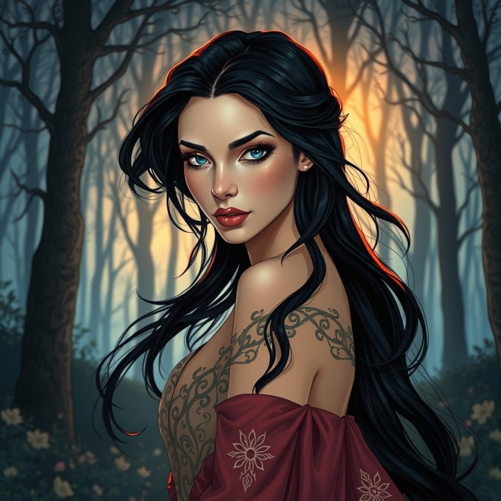 Elegant Woman in Twilight Forest, Art Nouveau Style