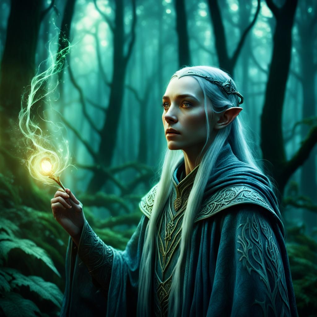 Elven Mage in Mystical Forest: Hyperrealistic Digital Art