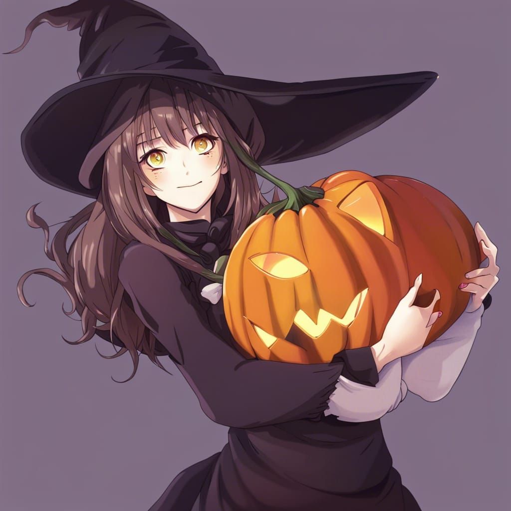 Anime Style Witch with Cat and Pumpkin