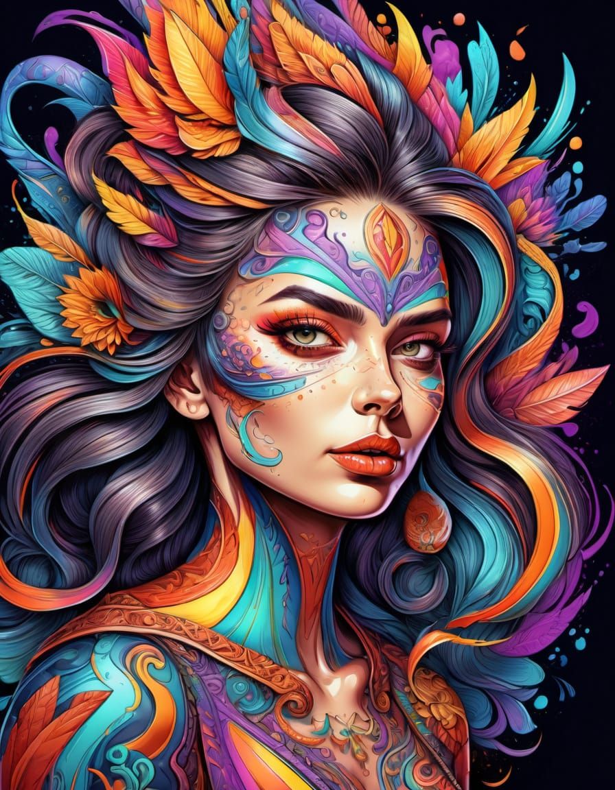 Psychedelic Caricature Art in Bold Color Pencil Style