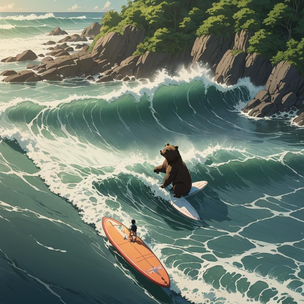 Bear on Surfboard in Studio Ghibli Style