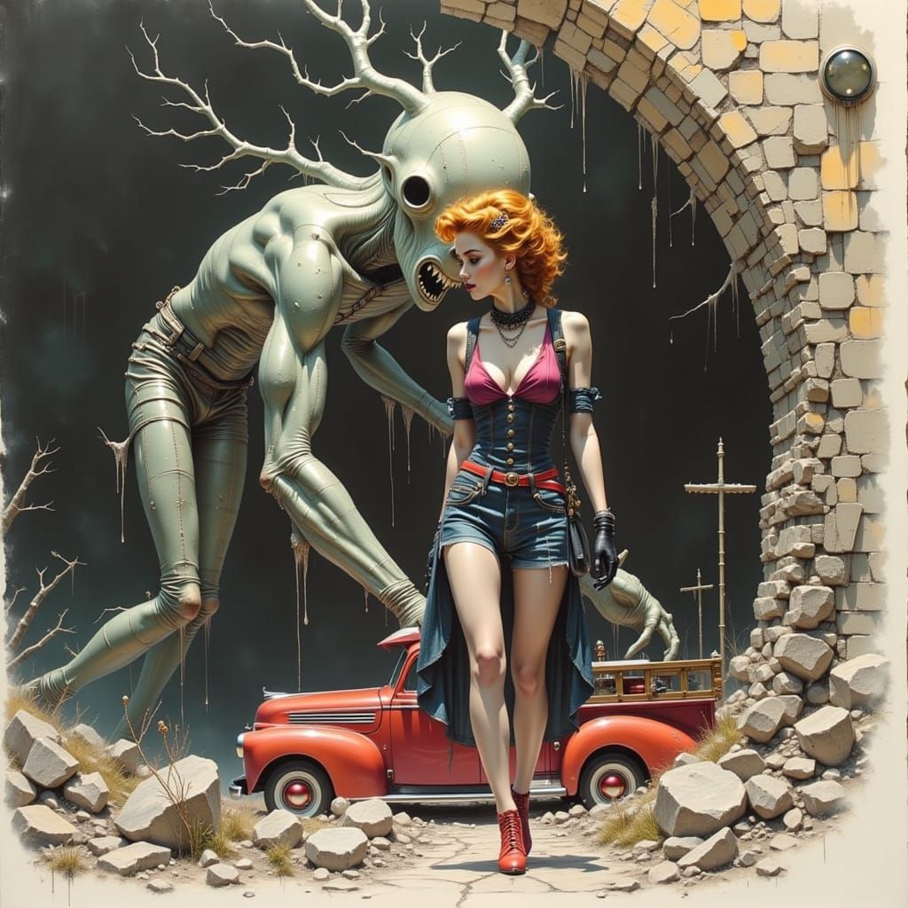 Pinup Lady Walks Through Neon Hellscape with Monstrous Entit...