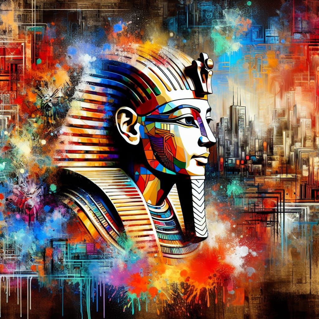 Pharaoh in Cyberpunk Cityscape: Graffiti Art Fusion