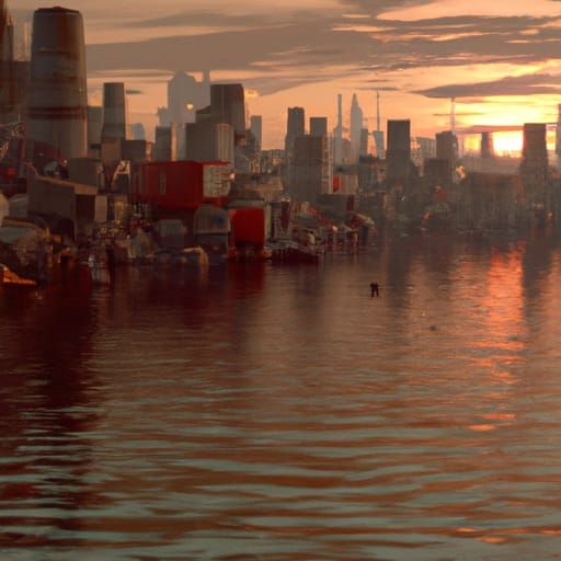Sunset Cityscape Reflection: Detailed Matte Painting