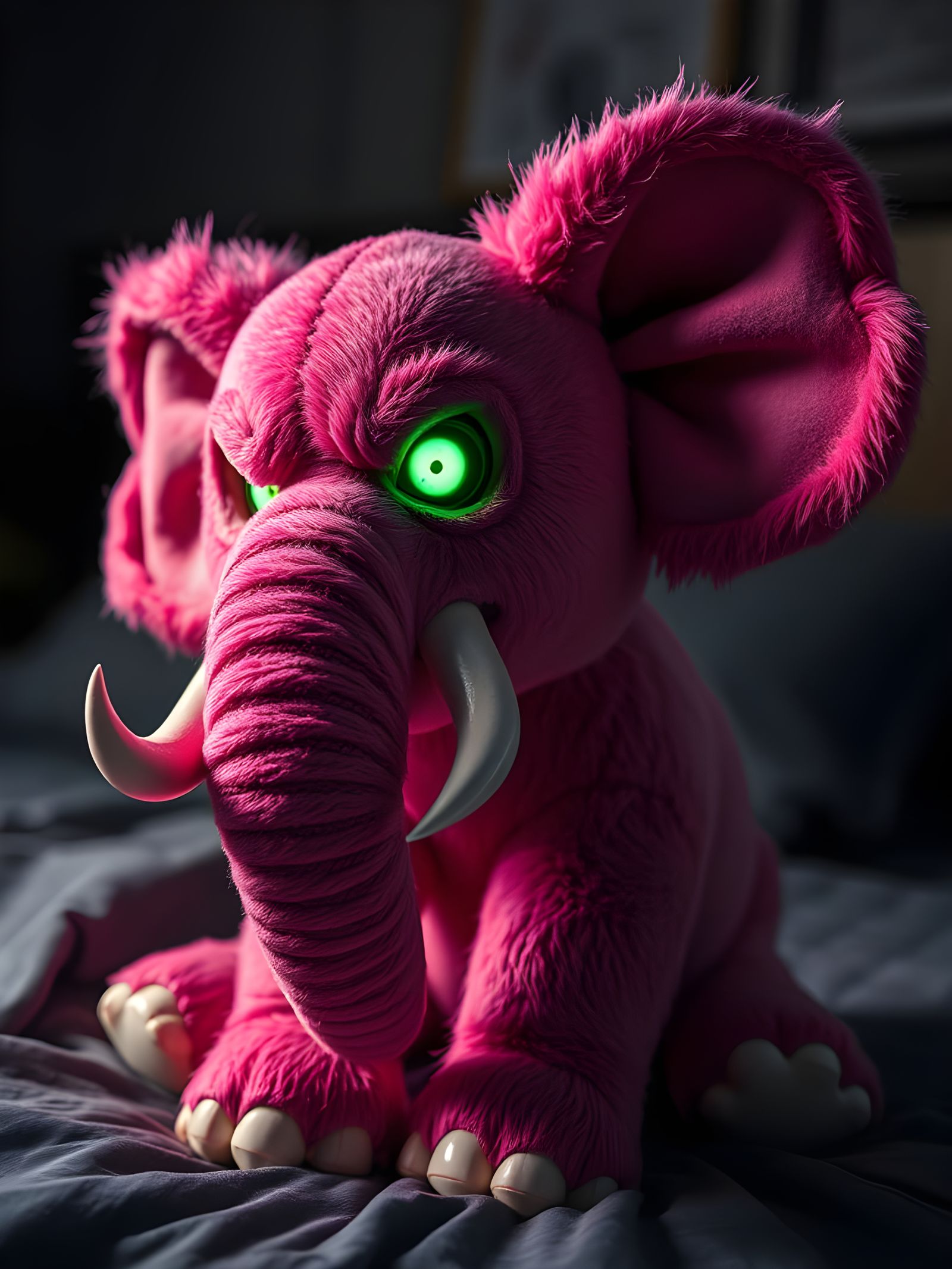 Creepy Pink Elephant Toy with Glowing Eyes in Dark Bedroom