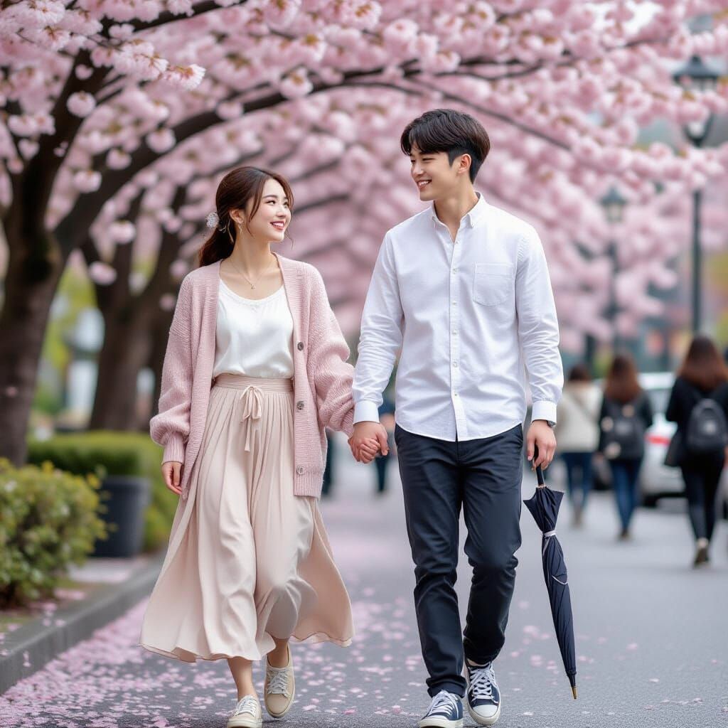 Romantic Korean Couple Under Cherry Blossoms in K-Drama Aest...
