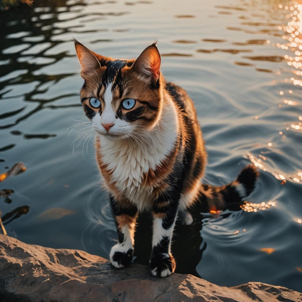 Calico Cat with Blue Eyes in Sunlight