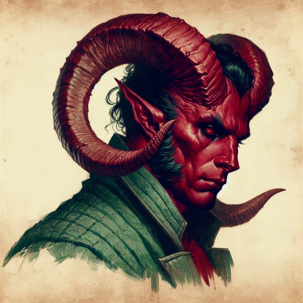 Tiefling Warlock with Ram Horns in Romanticism Style