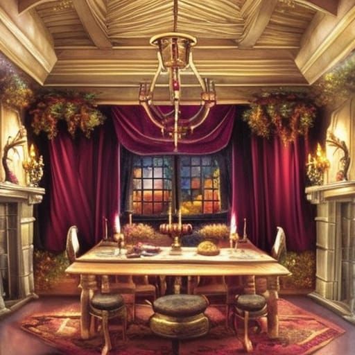 Hogwarts Harry Potter themed living room with Gold walls with Burgundy red accents& Golden windows& Burgundy red curtain...